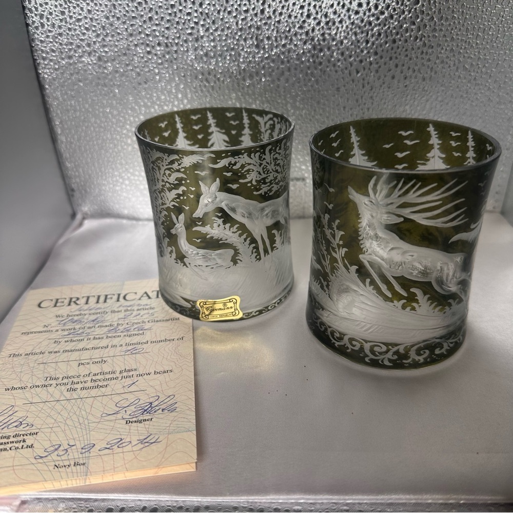 Egermann Czech Art Glass Deer Whiskey Glasses Limited Edition 1 of 10 COA